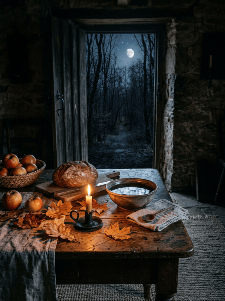Candlelit rustic table with apples, bread, bowl, and autumn leaves by an open door