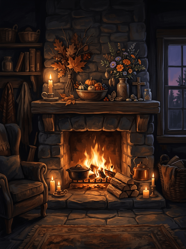 Cozy stone fireplace decorated with autumn leaves, candles, flowers, fruit, and a kettle