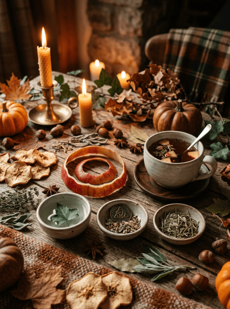 Autumn table with herbal tea, candles, pumpkins, dried fruit, and herbs