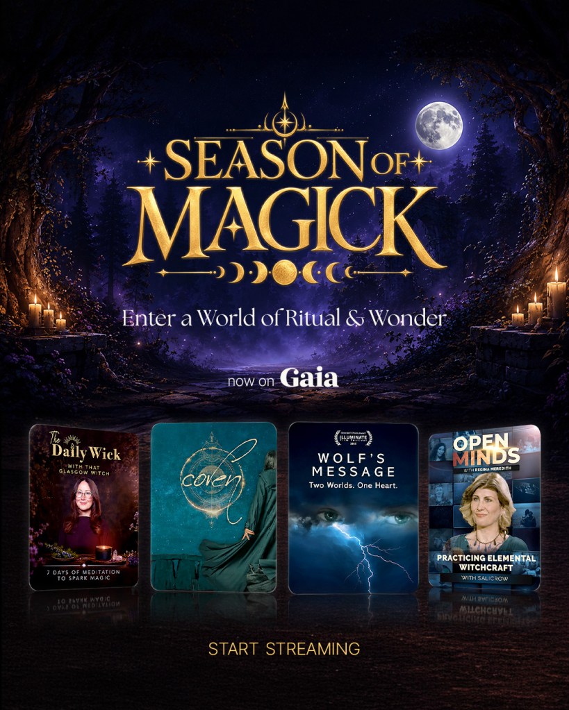 Promotional image for 'Season of Magick' featuring the text 'Enter a World of Ritual & Wonder' on a mystical background with a moon and forest.
