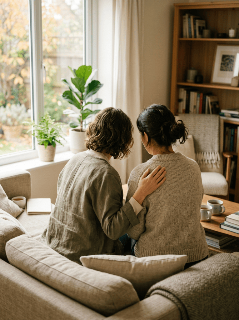 Two people sitting together on a sofa, one comforting the other