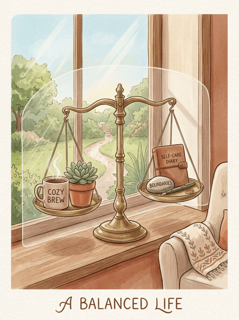 Balance scale with coffee, succulent, self-care diary, boundaries, and text “A BALANCED LIFE”