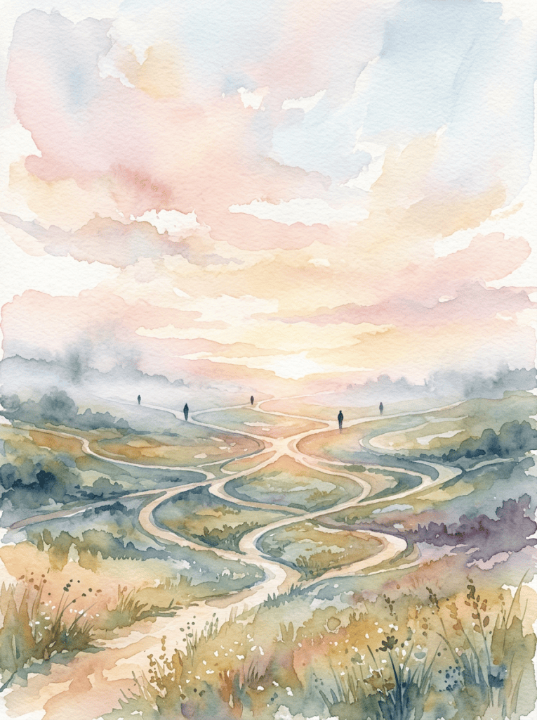 Watercolor landscape with winding paths, wildflowers, and distant figures