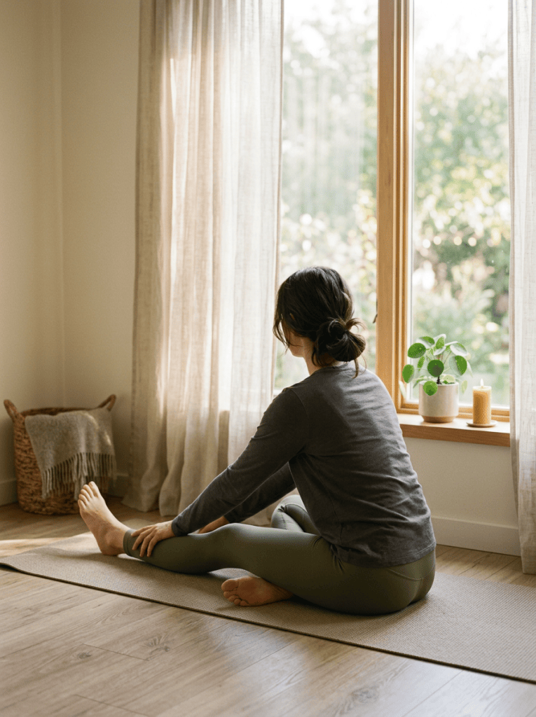 Woman stretching on a yoga mat beside a sunlit window