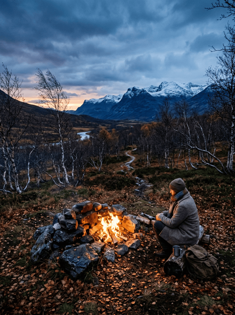 Camper sitting beside a fire in a birch forest beneath snowy mountains