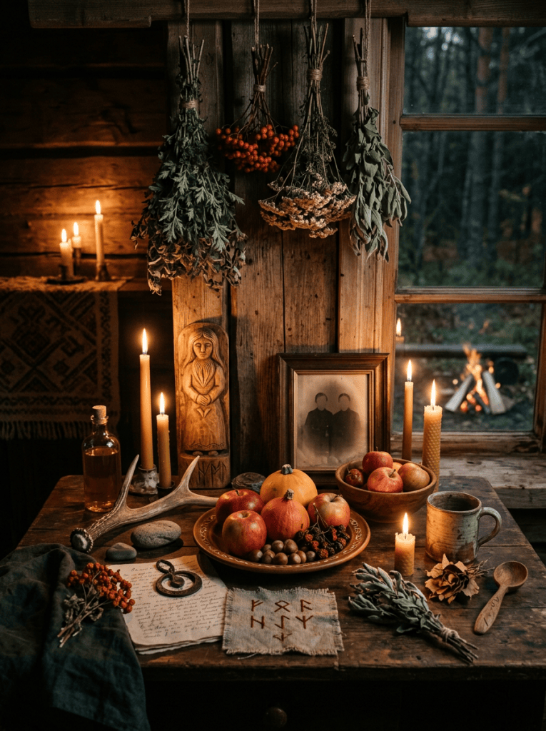 Rustic wooden table with candles, dried herbs, apples, and framed keepsakes