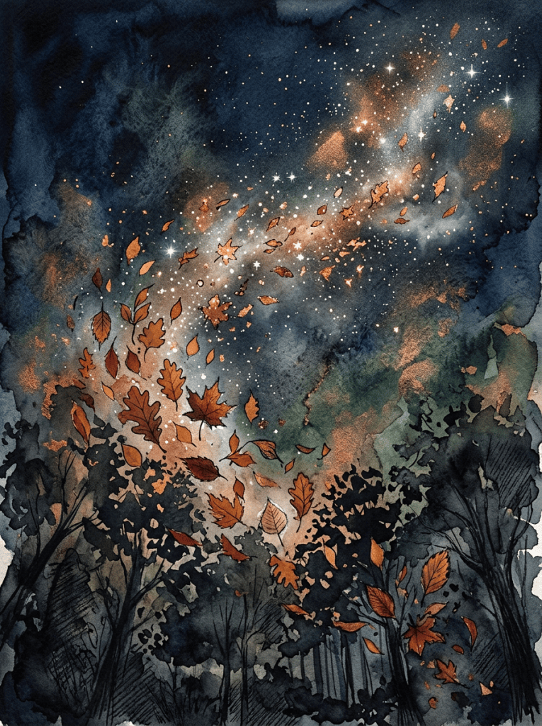 Autumn leaves drifting above a dark forest beneath a starry sky